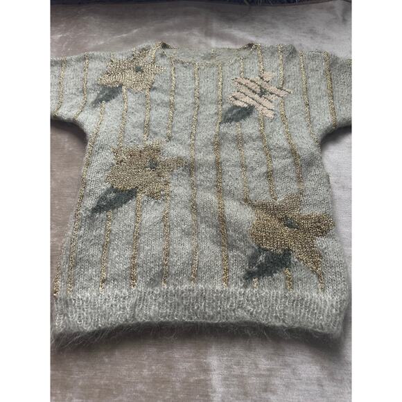 Vintage Mohair Wool Sweater gold metallic striped floral sage Mint green glam - Picture 12 of 16